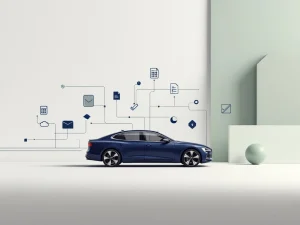 Moderne donkerblauwe auto silhouet met vereenvoudigde administratieve pictogrammen die oplossen in geometrische vormen
