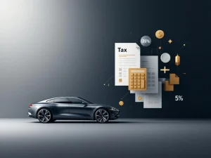 Moderne auto silhouet met calculator symbolen en belastingdocumenten in goud en zilver tinten op gradiënt achtergrond