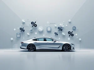 Zilveren auto silhouet omringd door belasting percentage symbolen en financiële pictogrammen op witte achtergrond