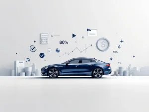 Donkerblauwe auto silhouet omringd door rekenmachine elementen, percentagesymbolen en munten op zilver-witte achtergrond