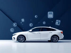 Witte zakenauto onder hoek met zwevende calculator iconen en euro symbolen op navy blauwe geometrische achtergrond