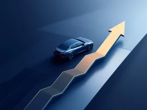 Moderne auto silhouet op stijgende cashflow pijlen en staafdiagram elementen in blauw, zilver en goud tinten