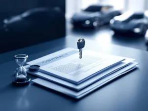 Autosleutel zweeft boven contractdocumenten met zandloper, navy blauw en zilver kleurenschema, premium financiële diensten