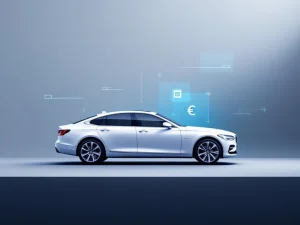 Witte luxe sedan op blauwe achtergrond met calculator icoon en euro symbolen voor auto financiering concept