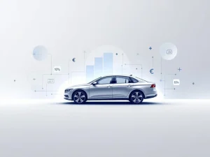 Zilveren zakenauto omringd door financiële symbolen zoals euro-tekens en percentages in blauw-grijze minimale stijl