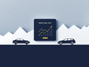 Digitale calculator toont stijgende kostengrafiek naast auto-silhouetten in navy, wit en goud kleurenschema