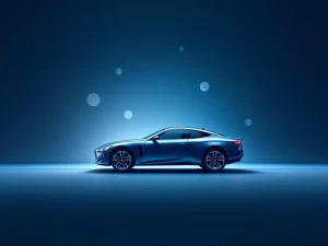 Luxe auto silhouet met zwevende pictogrammen voor verzekering, onderhoud en brandstof op blauwe gradiënt achtergrond