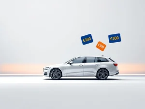 Zilveren auto silhouet met €300 prijslabels in blauw en oranje, leasingaanbieding op witte achtergrond