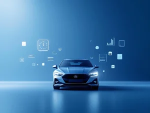 Moderne zakenauto silhouet omringd door tijdgerelateerde pictogrammen op blauwe gradiënt achtergrond voor autolease