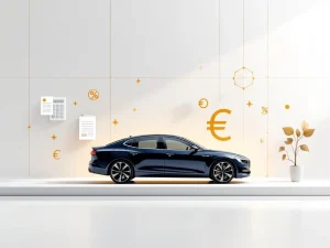 Moderne donkerblauwe auto silhouet omringd door gouden euro symbolen en percentage iconen op witte achtergrond