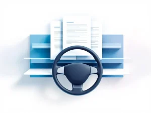 Autodashboard met zwevende lease contractdocumenten boven stuurwiel silhouet in blauwe en zilveren tinten