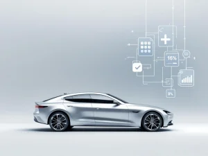 Zilveren auto silhouet met financiële elementen zoals calculator toetsen en percentage symbolen op grijswitte achtergrond
