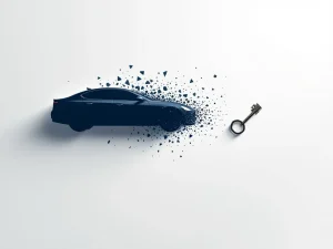 Auto silhouet dat oplost in geometrische fragmenten, verbonden met zwevende sleutel door elegante lijnen op witte achtergrond