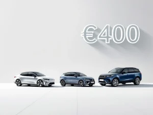 Drie moderne auto's in oplopende grootte met €400 prijsaanduiding op witte achtergrond