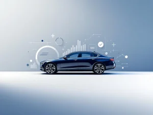 Elegante donkerblauwe auto silhouet omringd door financiële grafieken en calculator symbolen op witte achtergrond