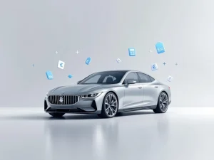Moderne zakenauto op witte ondergrond met blauwe prijslabels en euro-symbolen voor autoverhuur