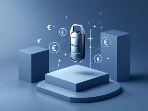 Moderne autosleutel zweeft boven platform met eurosymbolen en cijfer 500, symboliseert financiële voordelen autolease