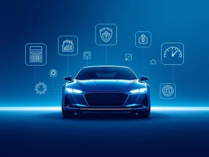Moderne auto silhouet omringd door kosten iconen zoals calculator, gereedschap en brandstofmeter op blauwe gradient