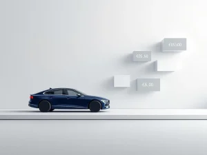 Moderne donkerblauwe auto silhouet met zwevende grijze kostenberekening elementen en euro symbolen op witte achtergrond