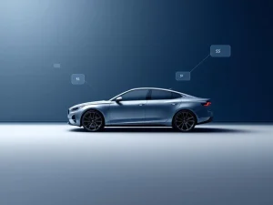 Moderne auto silhouet met zwevende prijslabels op navy naar zilver verloop achtergrond, minimalistisch design