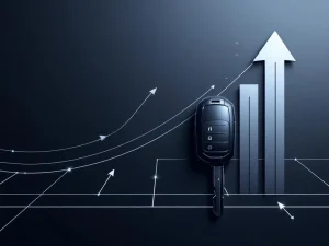 Moderne autosleutel met financiële groeigrafieken en pijlen in blauw en zilver op elegante gradiënt achtergrond