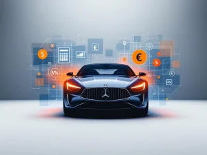 Zakenauto silhouet met transparante financiële symbolen zoals euro tekens en percentages op witte achtergrond