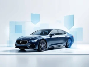 Elegante zakenauto omringd door transparante blauwe en zilveren beschermende vormen op witte achtergrond