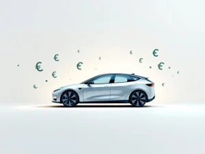 Elektrische auto silhouet met euro symbolen in blauw en groen, automotive leasing concept op witte achtergrond