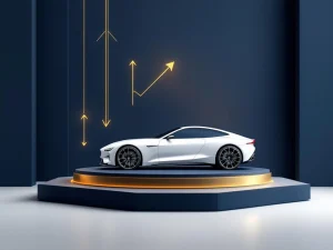 Witte luxe auto op geometrisch platform met gouden pijlen en marineblauw-wit kleurenschema voor premium autoservice