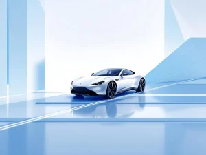 Zilveren luxeauto silhouet op geometrische weg met blauwe accenten, minimalistisch design op witte achtergrond
