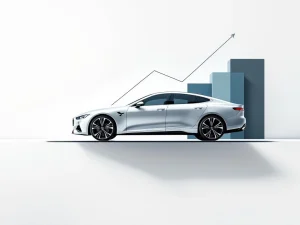 Luxe zilvergrijze auto silhouet op witte achtergrond met blauwe geometrische elementen die financiële groei suggereren