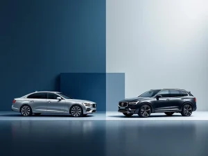 Luxe sedan (€750) en premium SUV (€1000) op minimalistische blauwe achtergrond voor autovergelijking