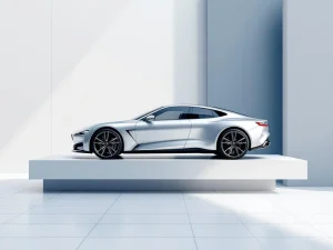 Zilveren luxe auto onder elegante hoek op witte achtergrond met geometrische lijnen en zachte schaduwen