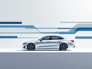 Moderne zilveren luxe sedan onder elegante hoek met blauwe geometrische lijnen en sleutelpictogram op witte achtergrond