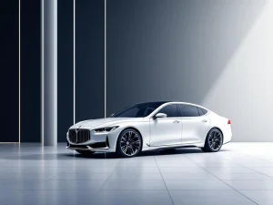 Witte luxe sedan onder dynamische hoek tegen navy-grijze achtergrond met geometrische lijnelementen voor autolease