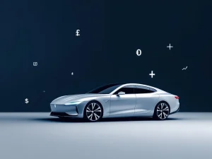 Luxe zakenauto in elegante hoek met zwevende financiële symbolen en calculatorknoppen op marineblauw-grijze achtergrond