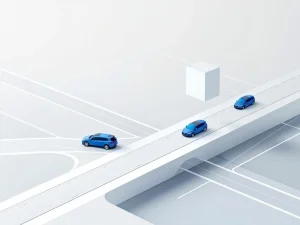 Geometrische vormen voor mobiliteitsplanning: kalenderblokken boven wegnetwerk met voertuigsilhouetten in blauw-grijze tinten