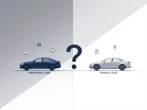 Split-screen vergelijking operationele lease (blauwe auto met onderhoudsiconen) versus financiële lease (grijze auto met eigendomssymbolen)