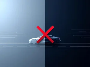 Auto silhouet naast rood verbodssymbool op blauwe achtergrond, illustreert operationele lease besluitvorming