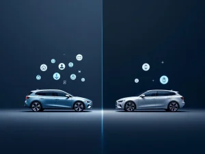 Vergelijking van twee auto's: links volledige lease met service-iconen, rechts basis lease met minimale iconen