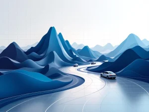 Geometrische grafiek toont seizoensgebonden bedrijfsfluctuaties met voertuigsilhouetten en zakelijke mobiliteitsoplossingen in blauw