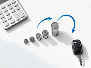 Autosleutel met calculator en oplopende muntstapels op wit bureau, blauwe pijl toont budgetplanning voor mobiliteit