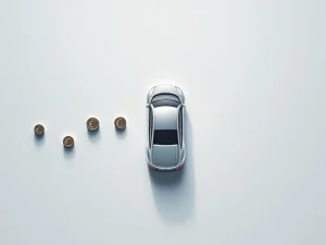 Moderne auto van bovenaf omringd door oplopende euromunt symbolen als prijsvergelijkingsschaal op witte achtergrond