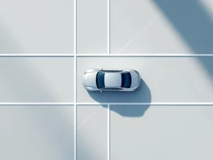 Zilverkleurige zakenauto van bovenaf op witte geometrische lijnen, symboliseert budgetplanning en betaalbare autolease