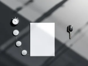 Wit leasecontract met vinkjes naast zilveren stopwatch en autosleutel op modern bureau, bovenaanzicht