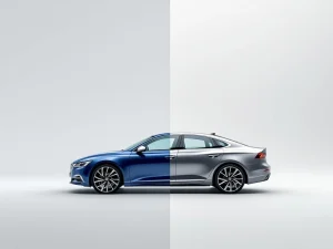 Vergelijking nieuwe blauwe auto en gebruikte zilvergrijze auto zij aan zij op witte achtergrond