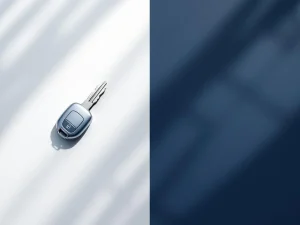Autosleutel en leasedocument in gesplitst scherm met navy, wit en zilver tinten op witte achtergrond