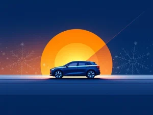 Moderne auto silhouet op minimalistische achtergrond met seizoenselementen in blauw, wit en oranje tinten