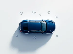 Bovenaanzicht van blauwe auto met zwevende iconen voor verzekering, onderhoud en voortgangsindicatoren op witte achtergrond.