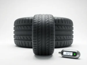 Autoband in profiel op witte ondergrond met digitale drukmeter, diepe profielgroeven en zachte schaduwen
